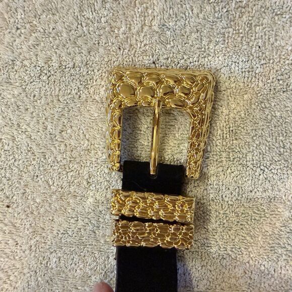 Vtg Dame Belt & Bag Black Leather Gold Chunky M Womens Gaudy  80s 90s 27-31” main image 5
